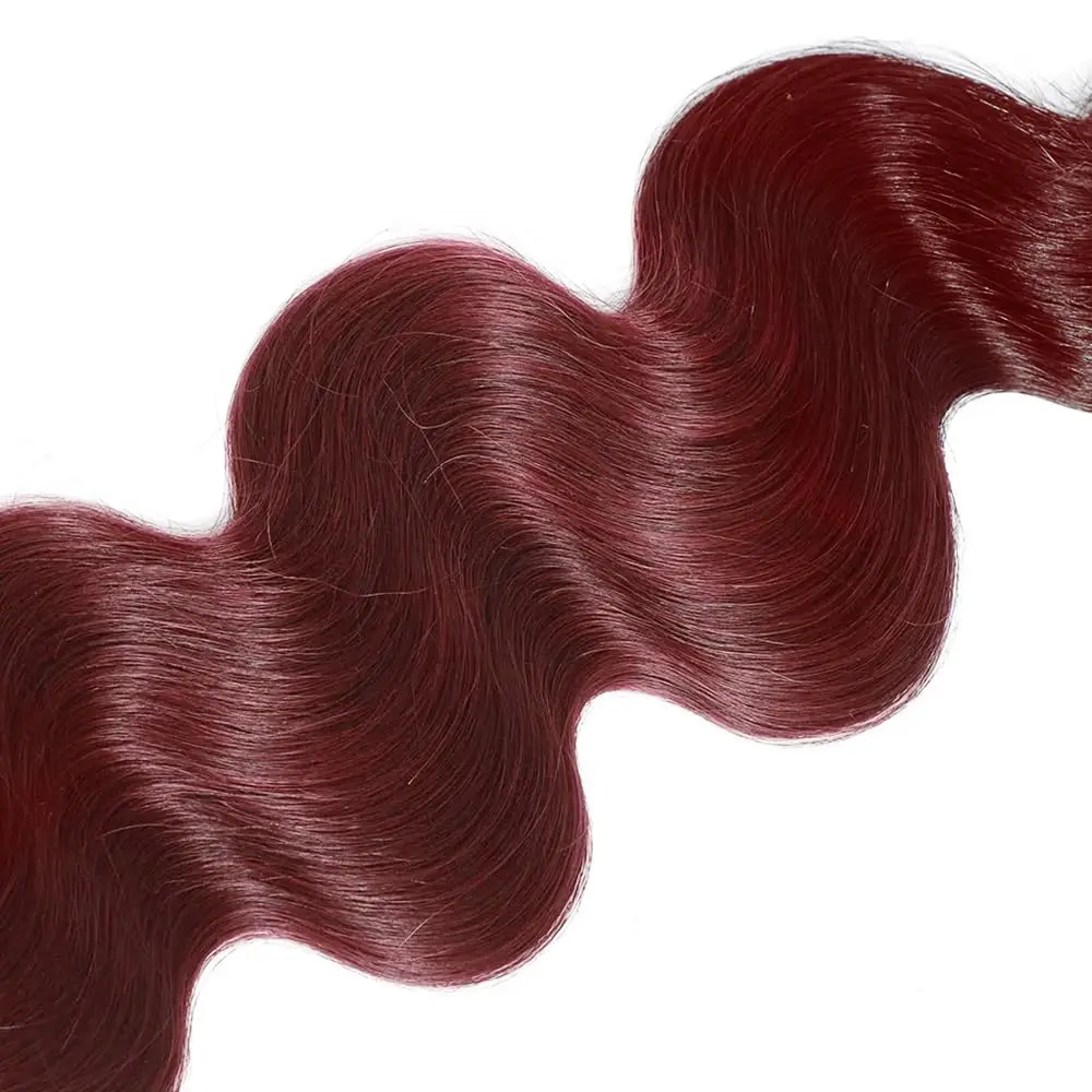 99j ボディウェーブ人毛束 ワインレッド色のバーガンディーウォーターウェーブ人毛束 ブラジル産未加工バージンエクステ