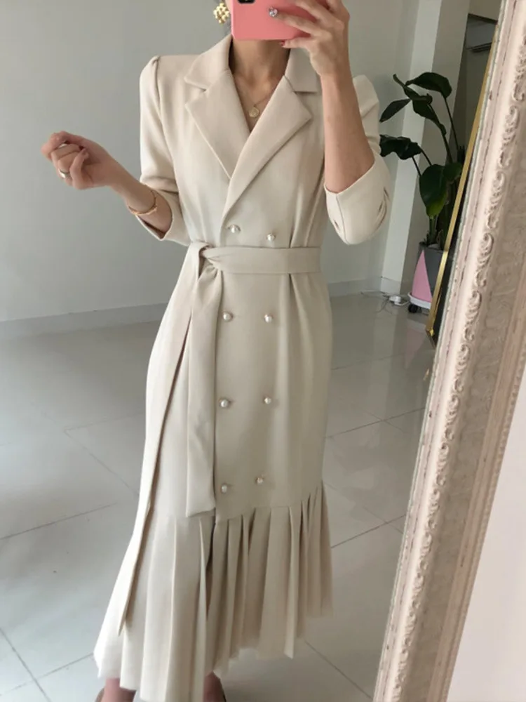 Women Elegant Blelted Slim Pleated Mermaid Dresses Robe Runway Autumn Korean New Fashion Chic Office Lady Long Dress