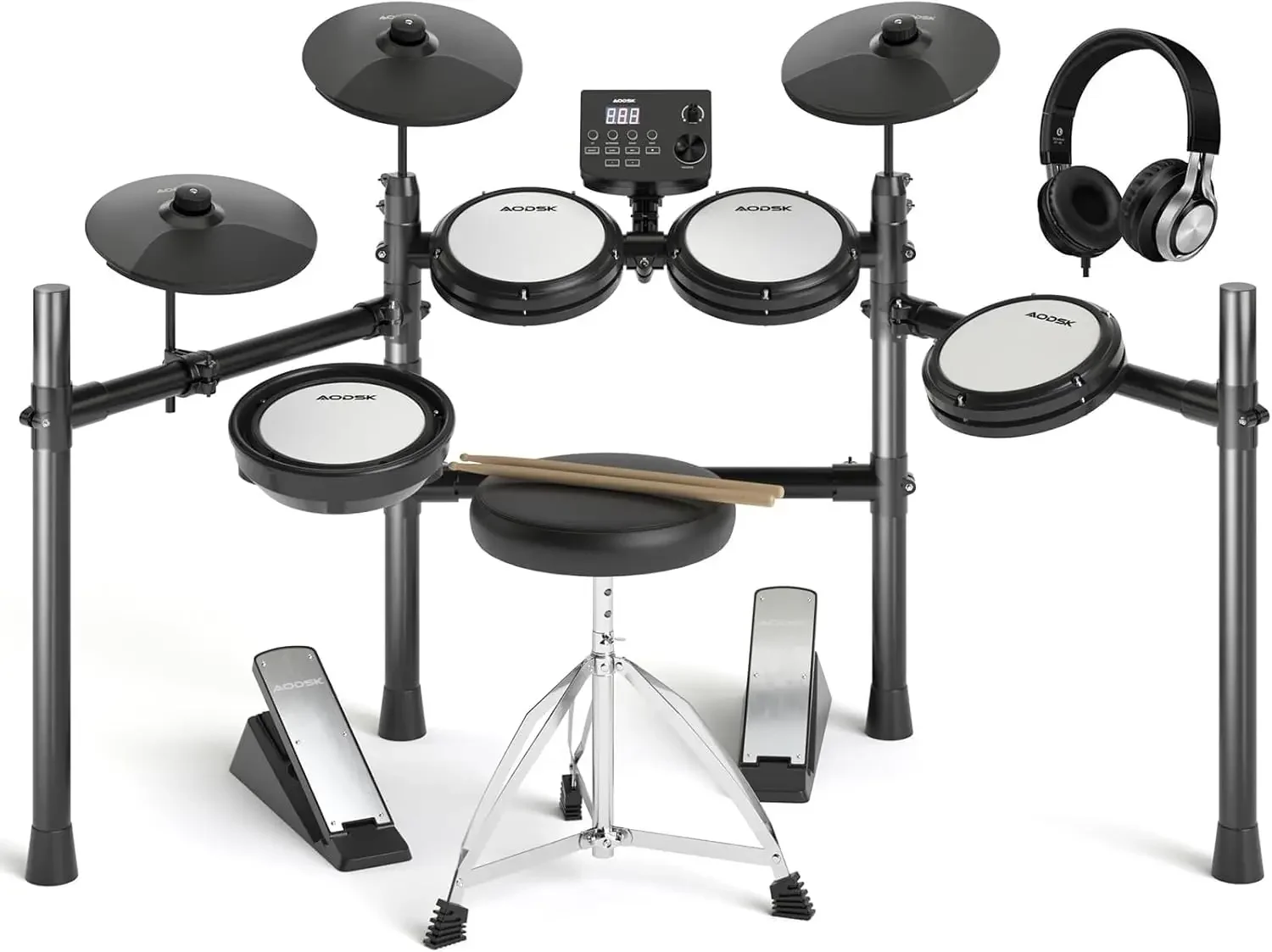 

Electric Drum Set with Quiet Mesh Pads,Electronic Drum for Beginner,USB MIDI,Throne,Headphones,Sticks, Included 15 Kits and 195