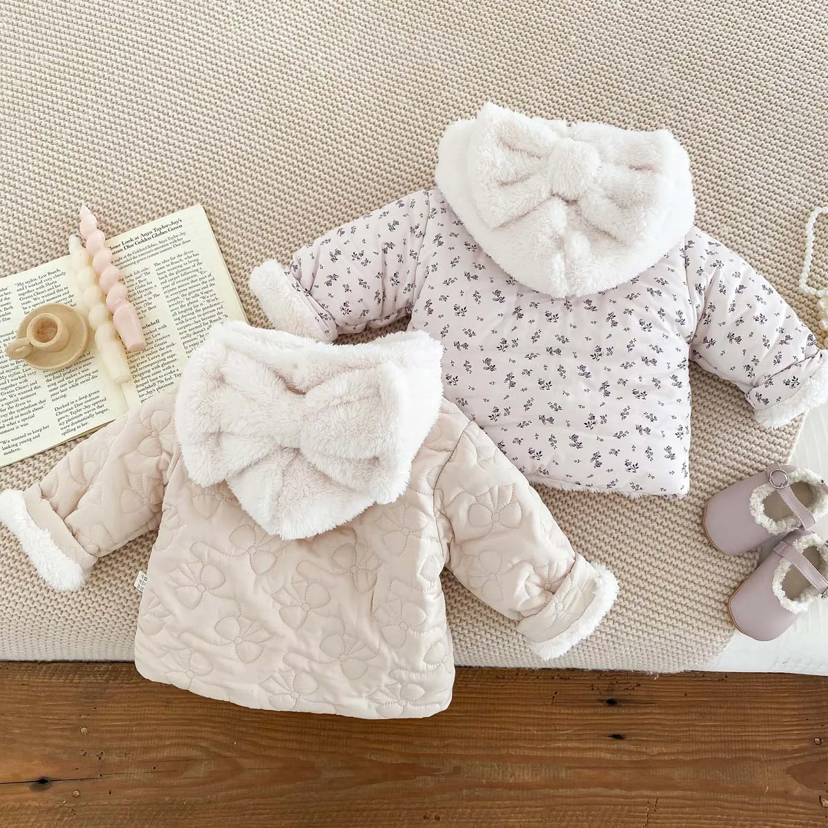 Baby fleece-lined Winter Men's and Women's Baby Clothes Bowknot Hooded Korean-style Newborn Warm Cotton-padded Jacket