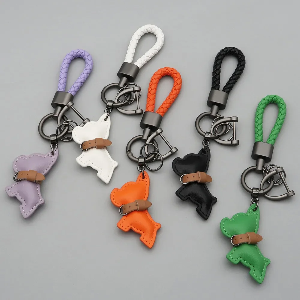 1PC Mini French Bulldog Keychain - Leather & Braided Rope Anti-lost Puppy Pendant, Cute Auto Car Key Accessory