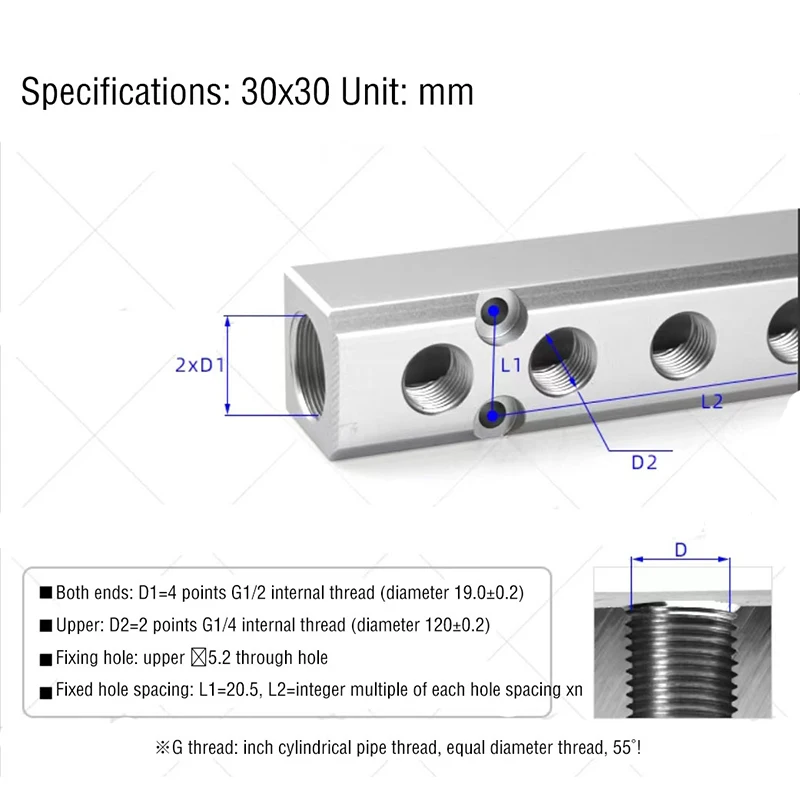 30x30mm Air Manifold Distributor PT1/2 to PT1/4 Drain Diverter Oil Exhaust Distributor Air Source Distribution Row 2-10 Way