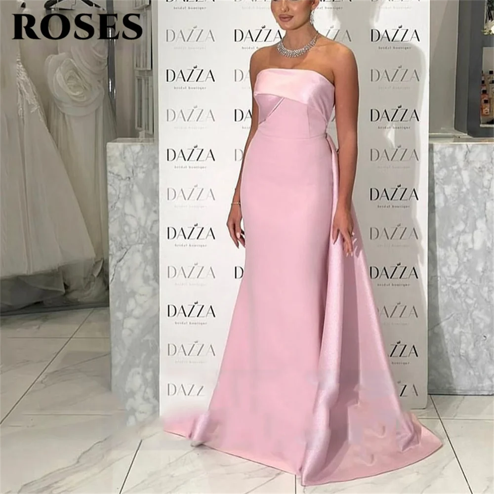 

ROSES Pink Strapless Evening Dresses Sleeveless Mermaid Satin Formal Occasion Dresses with Train Detail Party Dresses Customized