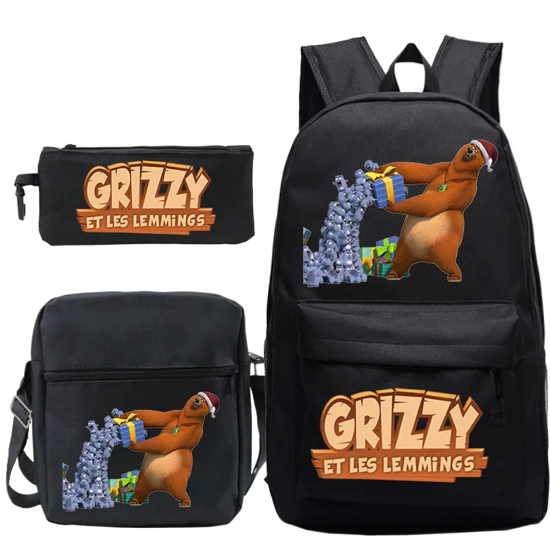 3Pcs Set Grizzy And Les Lemmings Backpack Student School Bags Cartoon Bookbag Boys Girls Rucksack Daily Daypack Mochila