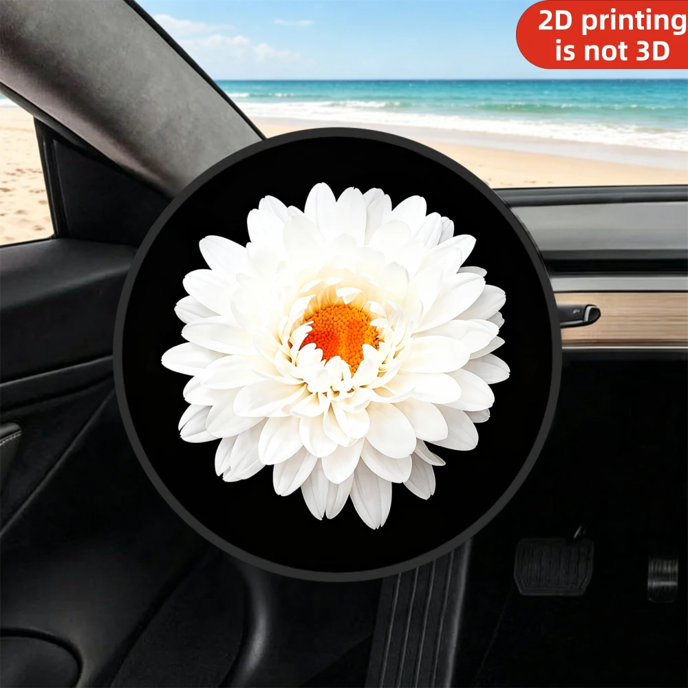 1pc Steering Wheel Sunshade Cover, 2D Flat Printing White Daisy Flower With Orange Center On Black Background, Summer Essential