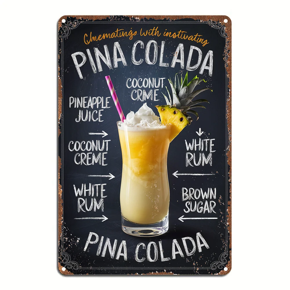 Vintage Metal Tin Sign Wall Art Decor, Pina Colada Recipe Retro Tin Plaque, for Garden, Bedroom, Garage Decorative Sign, Christ