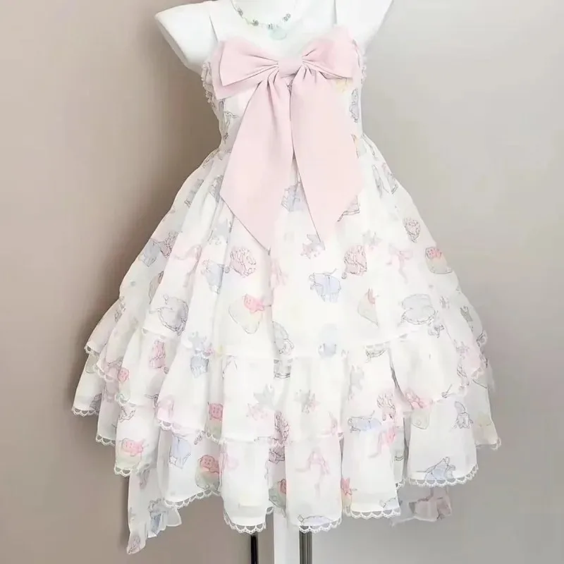 Summer Kawaii Sweet Japanese Lolita Mini Dress Y2K Vintage Off Shoulder Bow Jsk Cake Dress for Women Evening Party Lovely Outfit - view 2