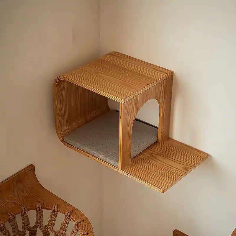 

# Solid Wood Shelf Set With Macrame Hammock | Modern Cat Wall Furniture For Indoor Cats