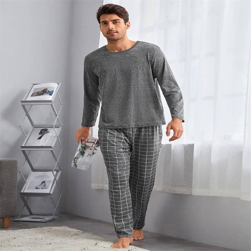 

Cross-border Men's Home Wear Set with Long Sleeves Long Pants Simple Casual Checkered Can Be Worn Over Large-sized Pajamas Pants