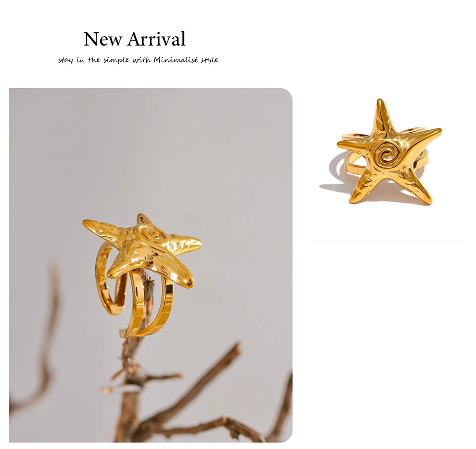 Yhpup 316L Stainless Steel Starfish Open Ring Adjustable 18K Gold PVD Plated Metal Summer Personalized Jewelry for Holiday