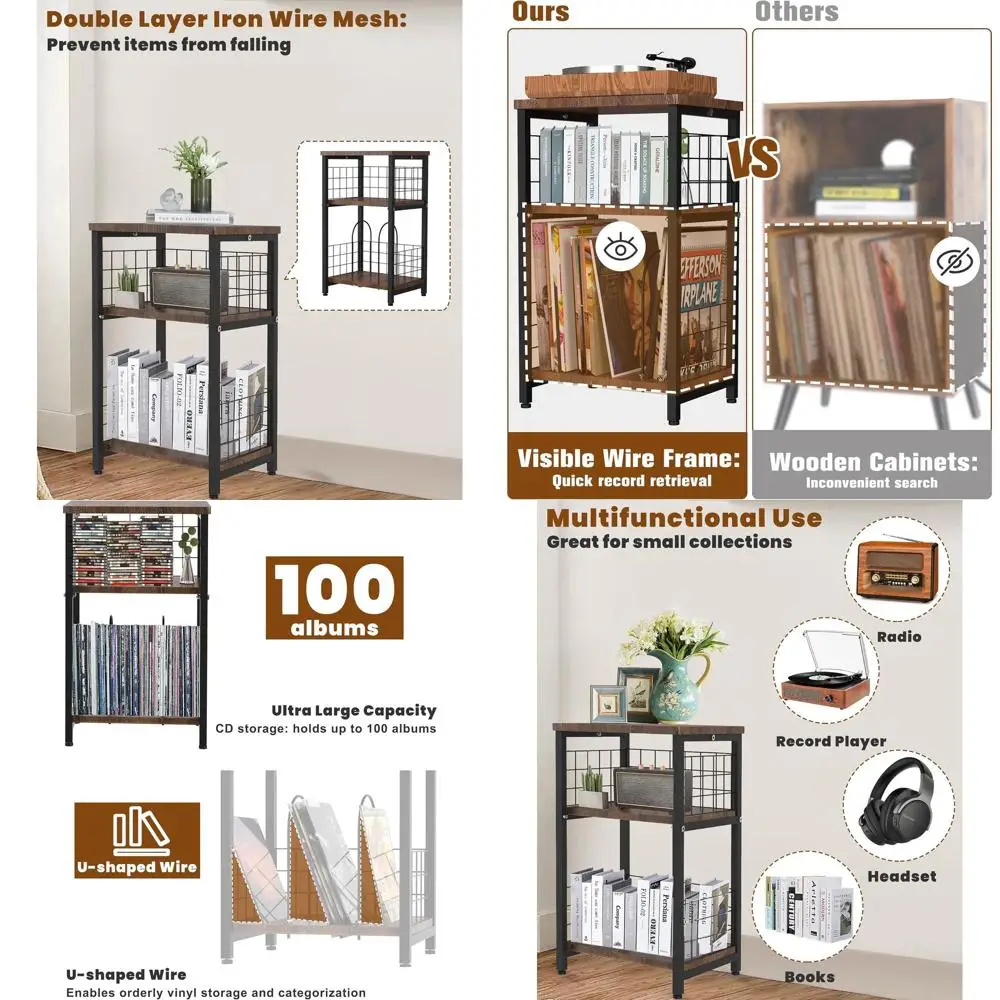 

3-х уровневая подставка для хранения виниловых пластинок с железной сеткой, вмещает до 100 альбомов, черный приставной столик для домашнего использования