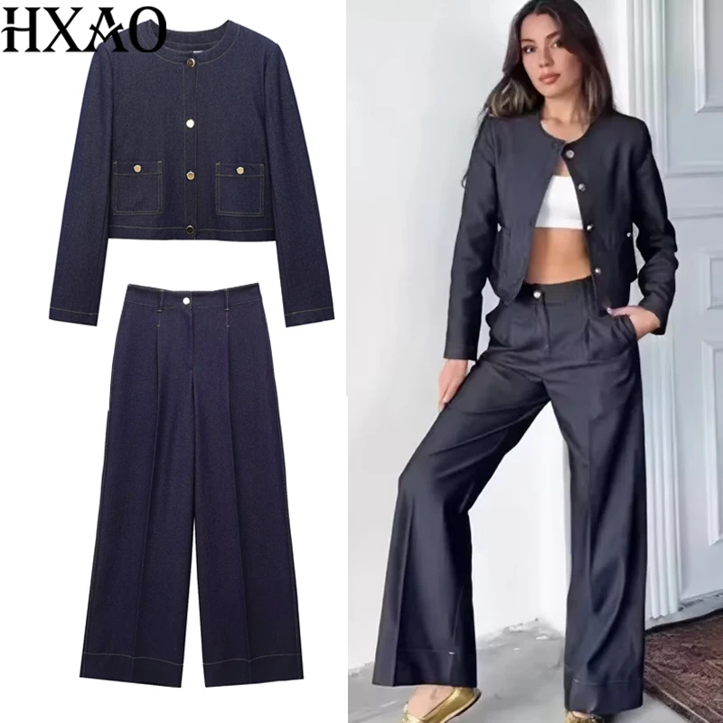 

HXAO Women's Jackets Outerwears Cropped Denim Jacket Woman Fashion Coats Blue Bomber Jacket High Street Long Sleeve Jean Jacket