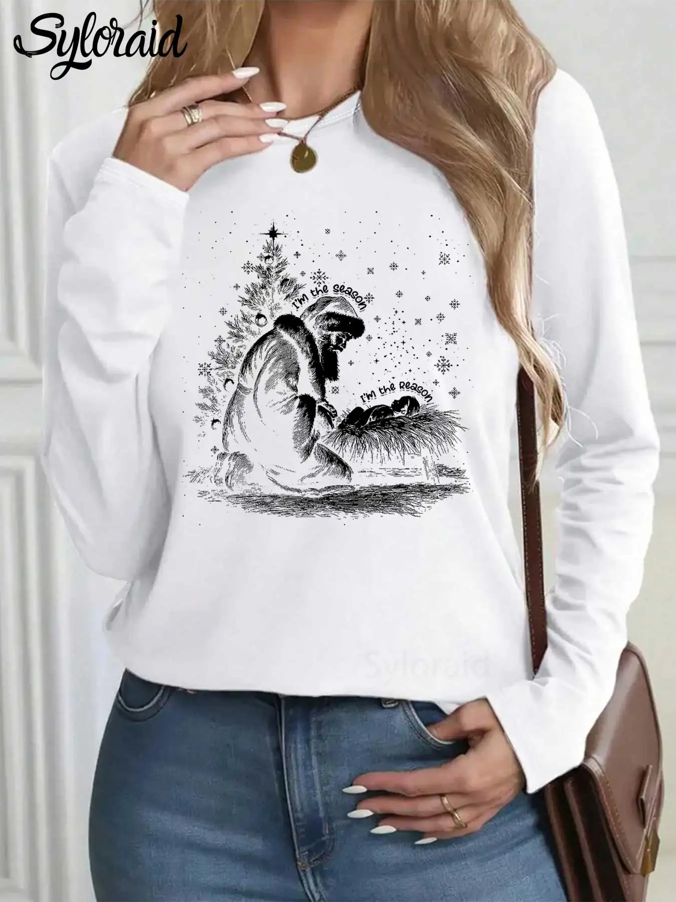 여성용 긴 소매 티셔츠 크리스마스 기독교 산타 예수 성탄절 프린트 티셔츠 패션 라운드 넥 캐주얼 탑