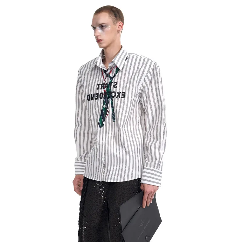 LUZHEN Long Original Necktie Decorate Stripe Printed Letter Loose Sleeve Shirts Men 2026 Autumn New Fashion Handsome Tops JY8214