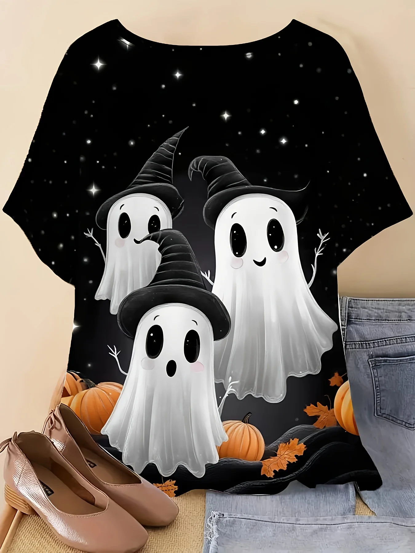 Women's T-shirt Cartoon Ghost Witch Hat Pumpkin Starry Print O-Neck Short Sleeve Loose Halloween Party Holiday women clothing