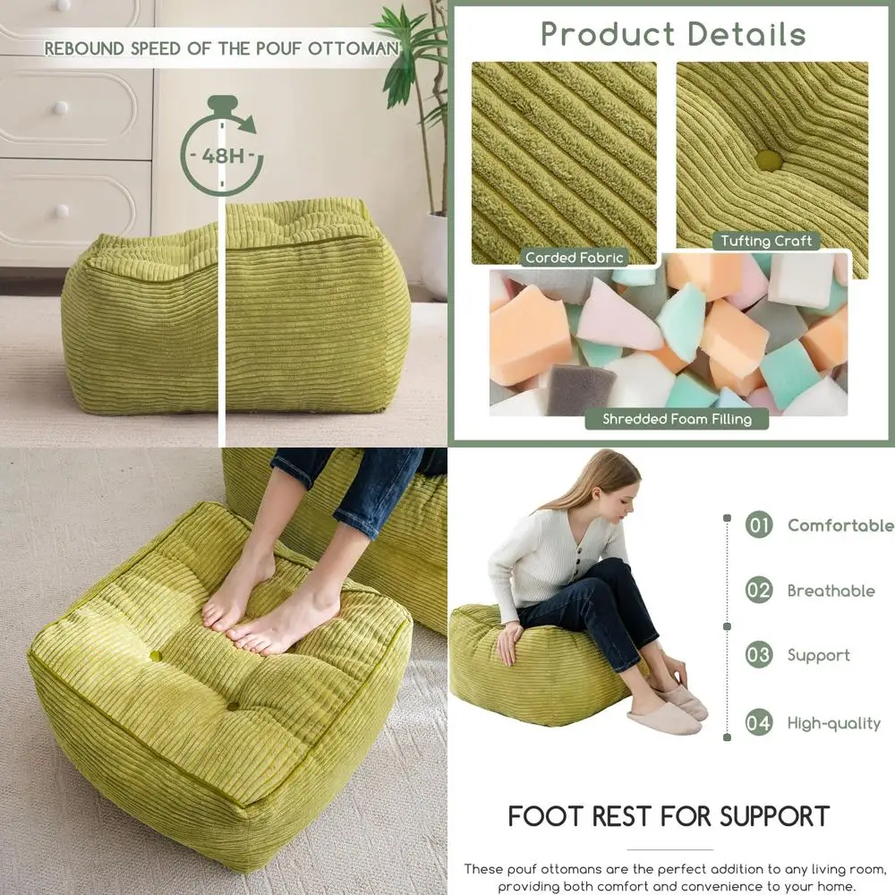 مسند قصير أخضر مملوء بالرغوة، 25.6 مسند قدم فروي مربع لتخزين غرفة المعيشة