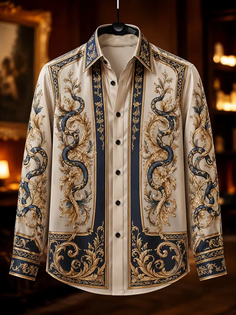 New men's retro court men's long sleeved shirt with white geometric zigzag printed cuffs and top clothing