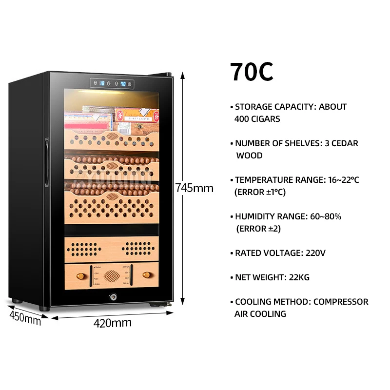 2026 CL-70C Cigar Cabinet Cedar Wood Shelf Frequency Conversion Compressor Cabinet Constant Temp And Humidity