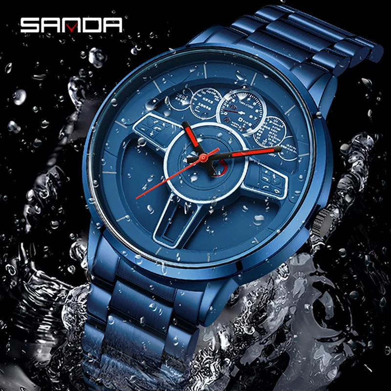 SANDA 1139 Quartz Watches for Male Casual Fashion Wheel Design Simple Men\'s Business Watch Waterproof Stainless Steel Wristwatch