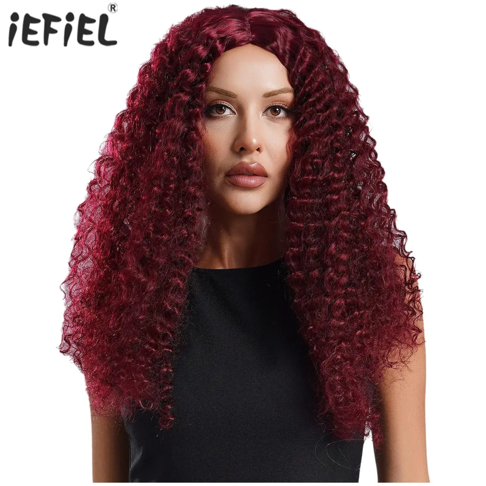 Womens Long Small Curly Wig with Mesh Cap Centre Parting Frizzled Afro Wigs Vintage 80s Disco Rock Music Halloween Party Costume