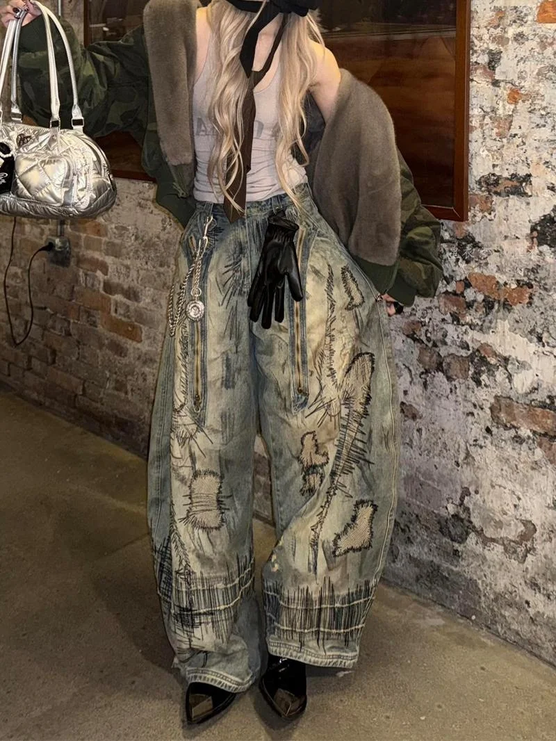 

Джинсы в американском стиле с эффектом потертости, с высокой талией, винтажной вышивкой, длиной в пол, женские, модные, летние, повседневные, прямого кроя