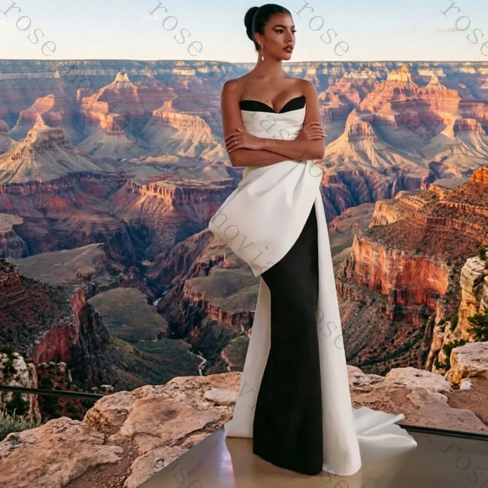 Customized Sweetheart Neck Black White Contrast Satin Mermaid Dress Side Draped Long Train Evening Gown For Women Adult Ceremony