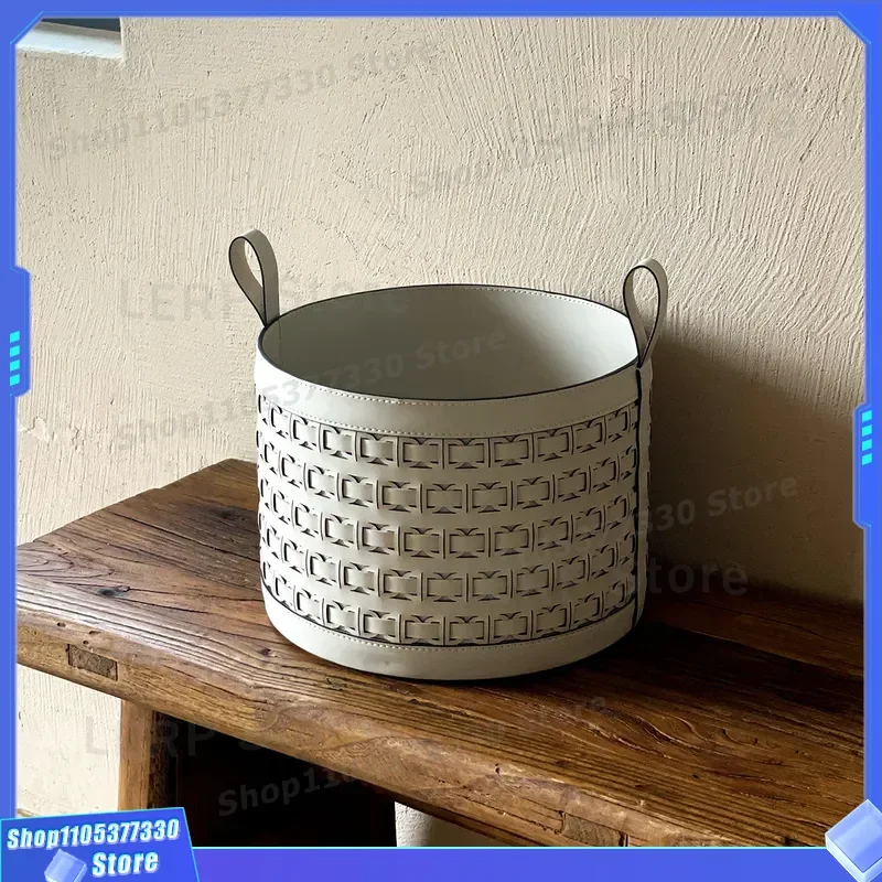 Light Luxury Handwoven Leather Storage Basket with Handle for Living Room Home Organization Sundries Bucket Decorative