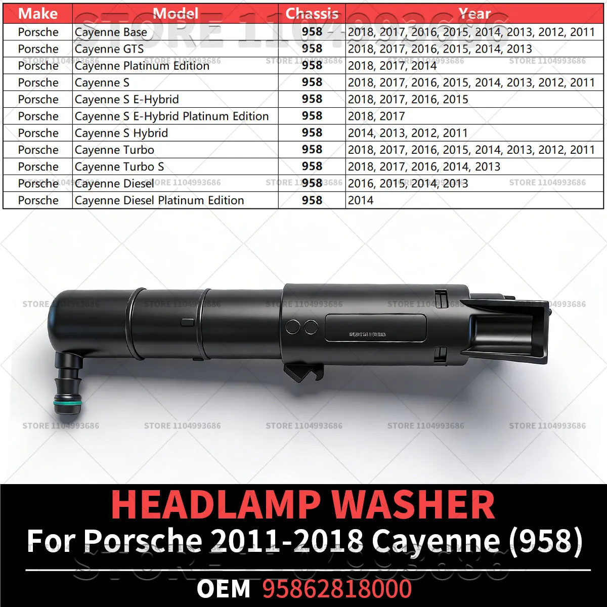 For Porsche 2011 2012 2013 2014 2015 2016 2017 2018 Cayenne GTS Turbo S Diesel (958) Headlight Washer Nozzle OEM 95862818000