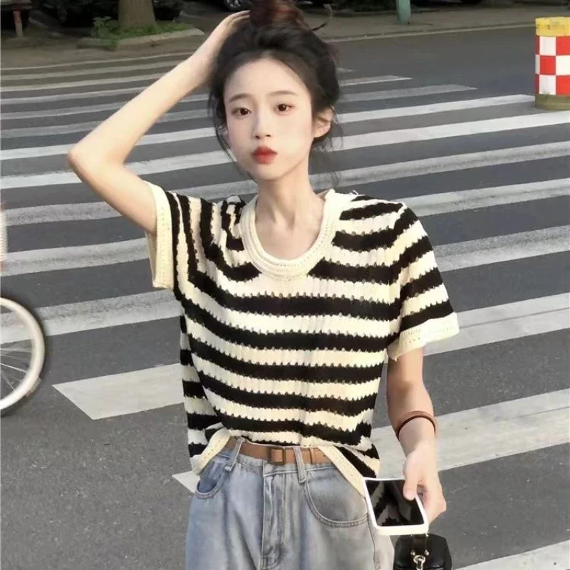 2026 Women's T-shirt Summer Short Sleeve O-Neck Tops Striped Knit Shirt Casual Sweet Style Y2k Tees Woman