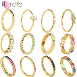 24K Gold Plated Colorful Crystal Gold Rings Turquoise Engagement Wedding Anniversary Ring Light Luxury Fashion Jewelry Gifts A40