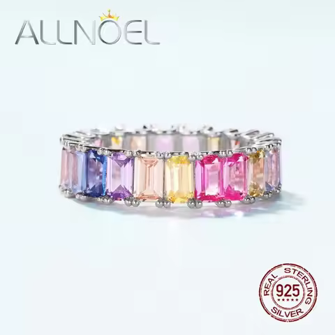 ALLNOEL 925 Sterling Silver 3*5mm Zicron Band Ring Rainbow Colorful Gemstone Full Circle Summer Gifts Fine Jewelry Summer Sale