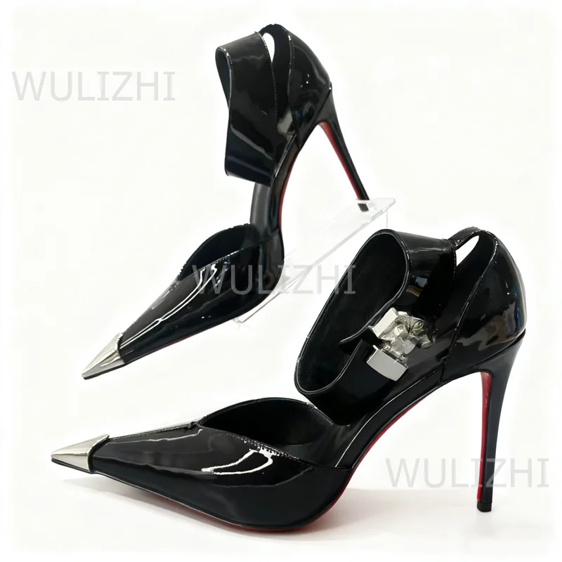 

Patent Leather Black Pump Heels Metal Pointed Toe Sexy Openwork Buckle Perfect Party Dresses Simple Bling Stiletto Heels Girls
