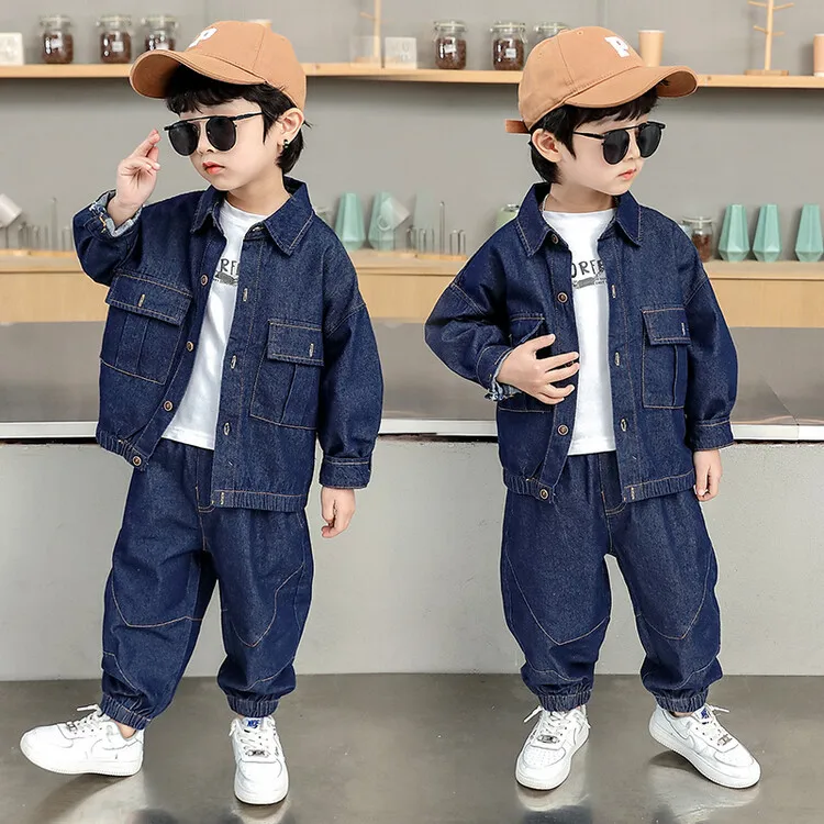 Boys' denim suit 2026 Spring and Autumn collection new children's trendy cool solid color denim