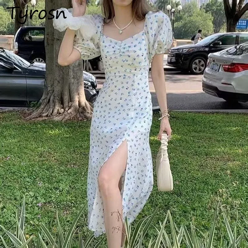 

Floral Printed Puff Sleeve Dresses Women Slit Temperament Fashion New Designed High Waist Slim Summer French Style Date Elegant