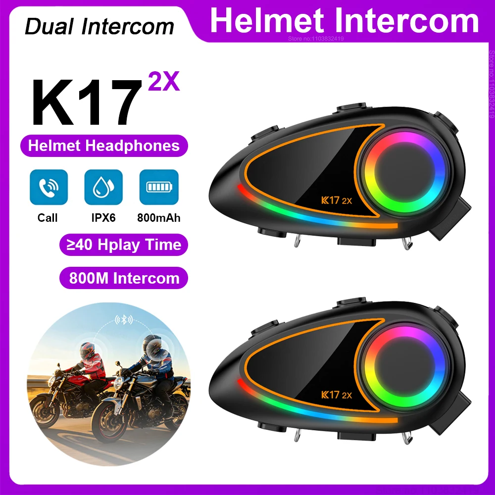 K17 2x Motorcycle Helmet Intercom Wireless Bluetooth Headphones For Outdoor Cycling Double Intercom Helmet Headset Walkie Talkie