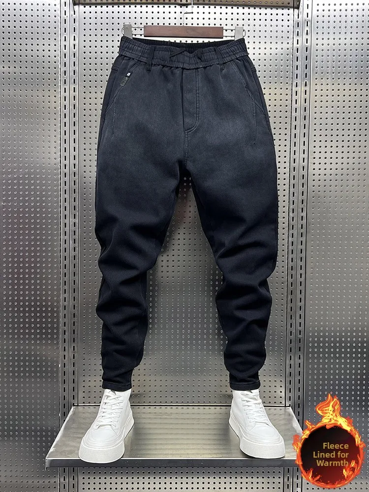 

Men's Fce Lined Thi Denim Jeans adient Casual Slim Fit Harem Pants Bla Versatile Trousers Youth Faion Long Pants