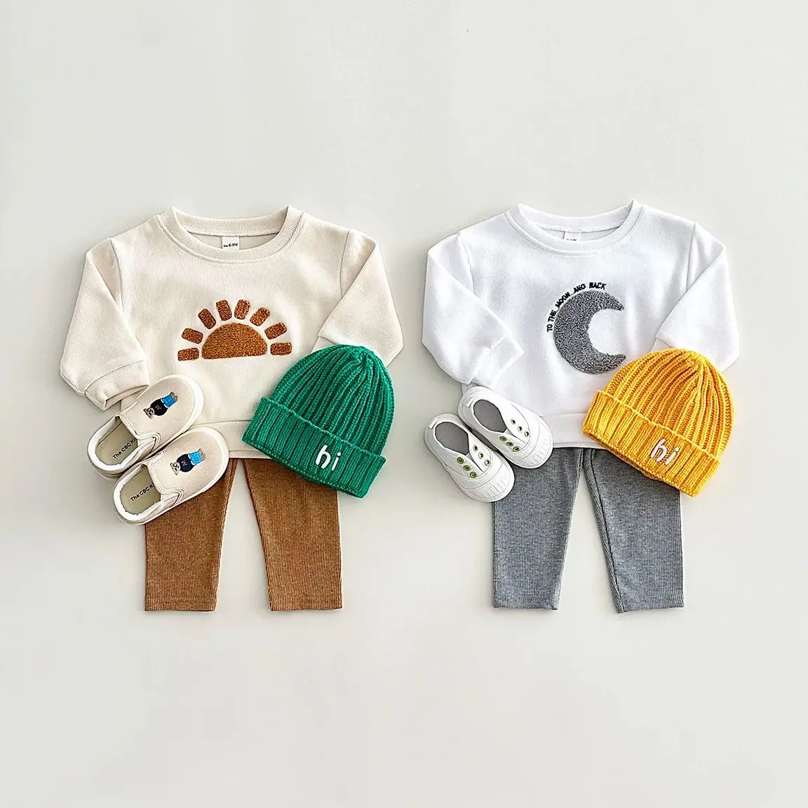 New Autumn Baby Boys Girls Clothes 2Pcs Plush Sun/Moon Organic Cotton Spring Newborn Baby Long Sleeve Casual Kids Clothing Sets