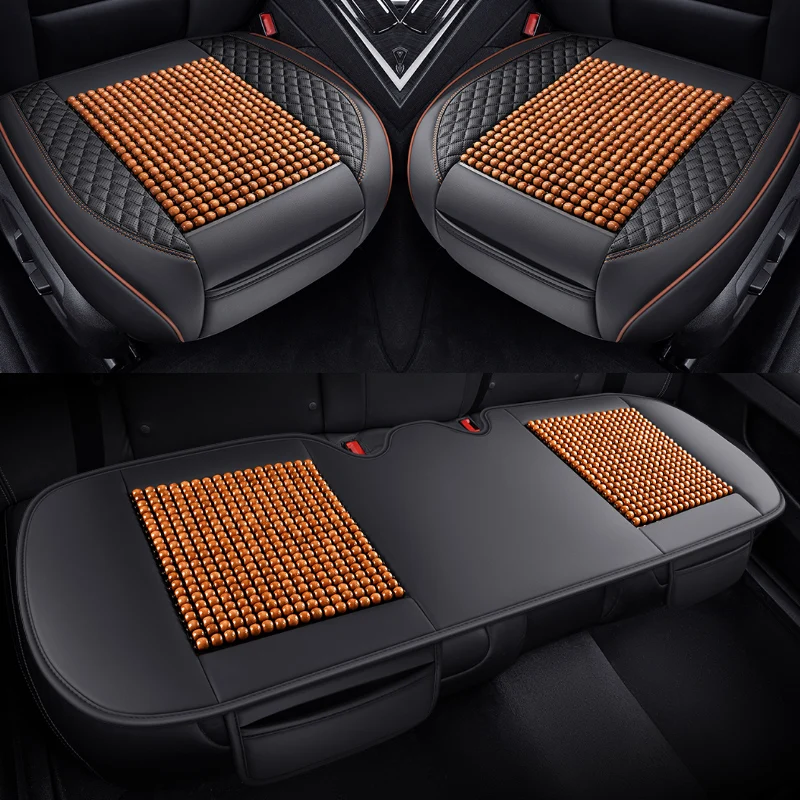 

3pcs High Quality Wooden Beads PU Leather Car Seat Cushion Breathable Cool 3D Support Stable Support Non Slip Bottom Comfortable