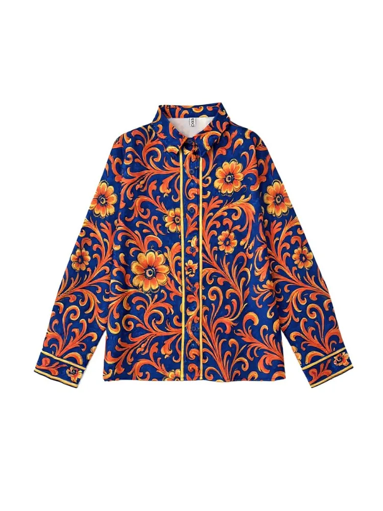 Bonboho Women's Vintage Blouse Royal Blue Orange Floral Print Lapel Long Sleeve Business Top Single-Breasted Casual Shirts