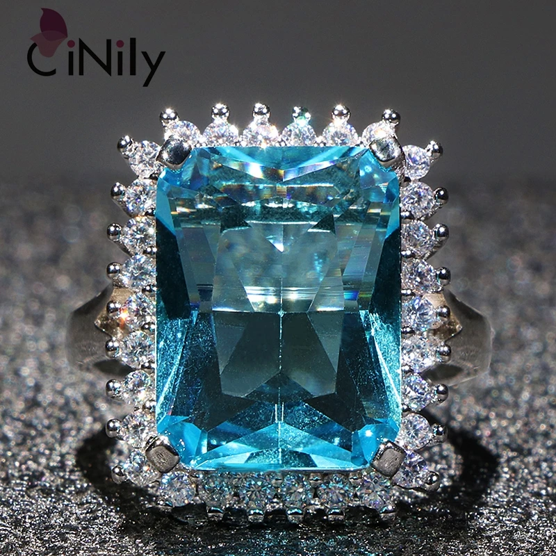 Cinily Inlaid Sea Blue Square Topaz Diamond Princess Ring European And American Fashion Women's Engagement Rings