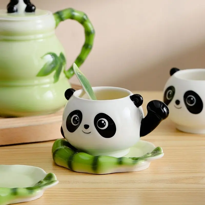 Panda Coffee Cups with Saucer Spoon Creative Ceramics Mugs Hot Breakfast Tea Milk Water Bottle 250ml Christmas Birthday Gift