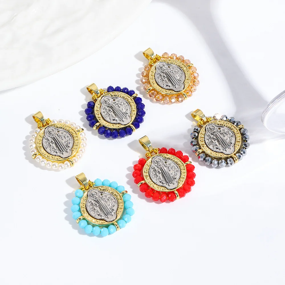 

European and American fashion retro copper two-color hand-woven round religious portrait Virgin pendant necklace accessories