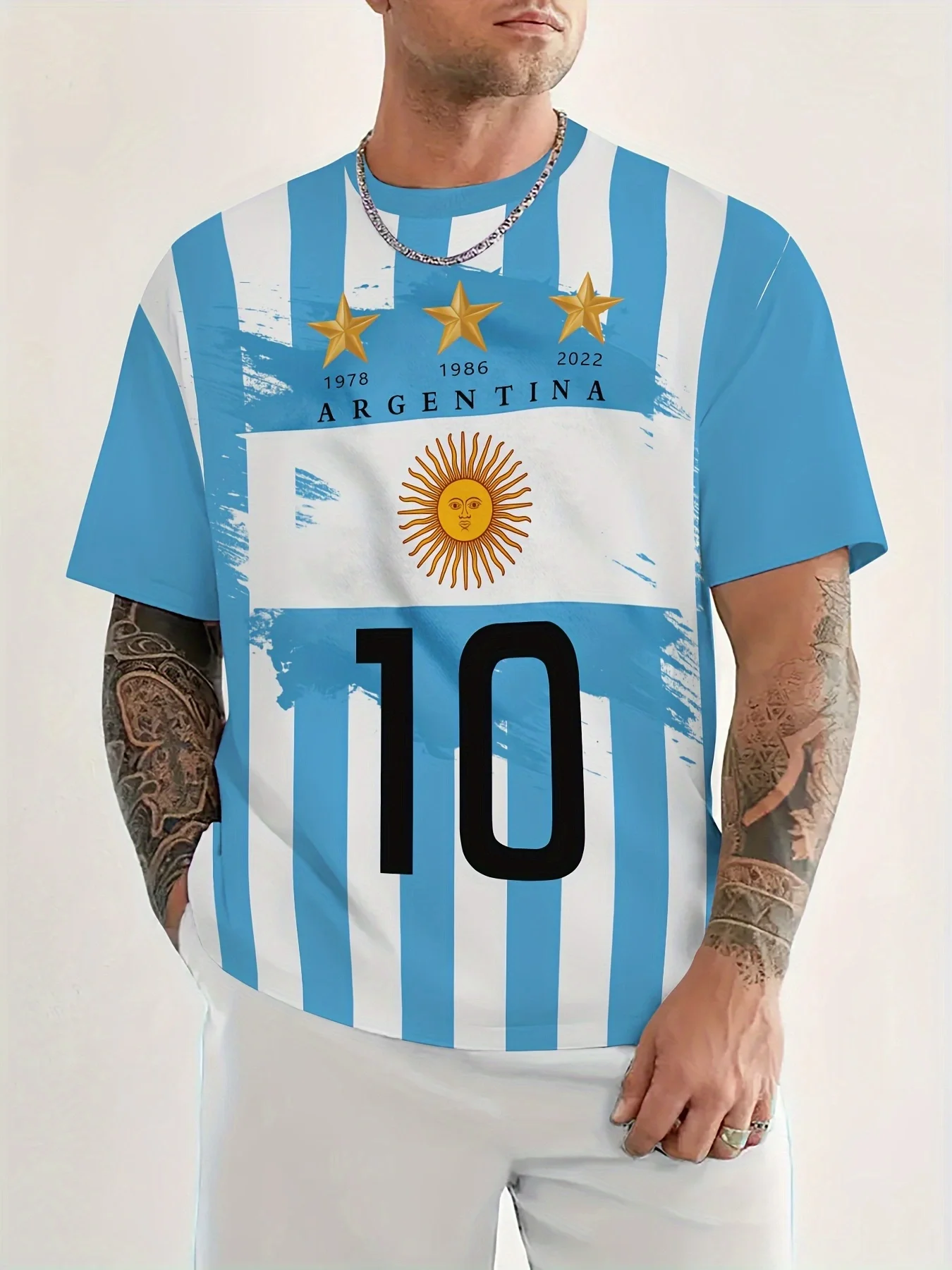 Men's Argentina Theme Graphic Printed Round Neck Short-Sleeved T-Shirt, Basketball Football Team Uniform, Casual Summer T-Shirt, Suitable for Winning Daily Wear and Vacation