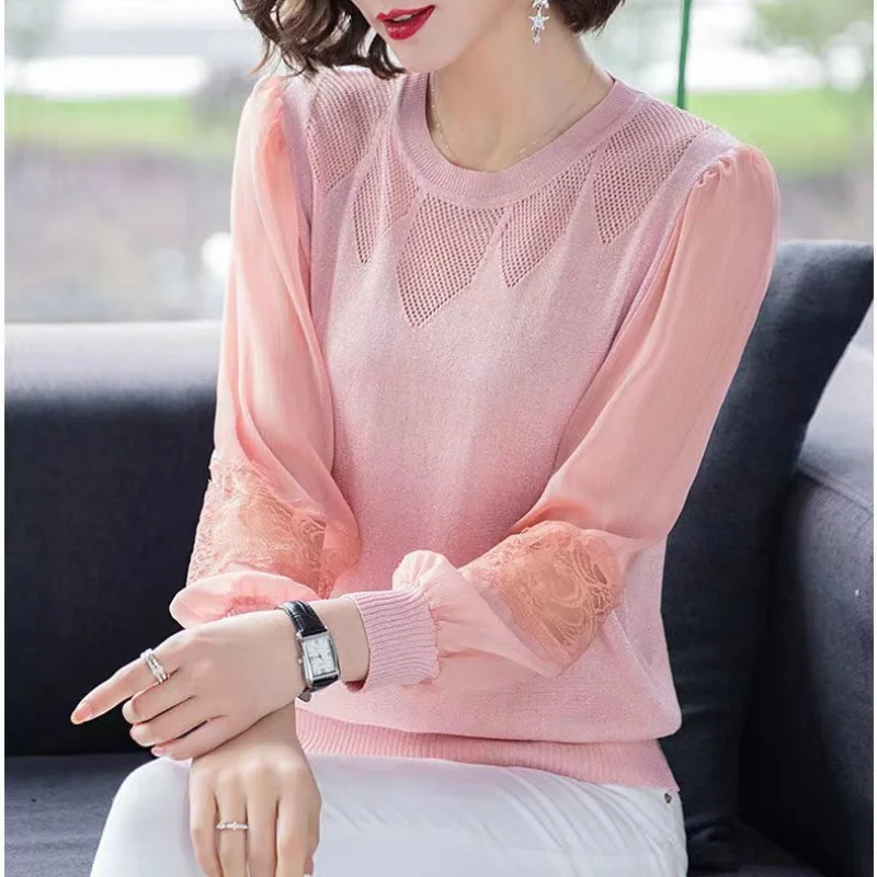 Women\'s Clothing 2023 Autumn and Winter New Fashion Hollow Out Solid Color Round Neck Long Sleeve Versatile Commuter Pullover