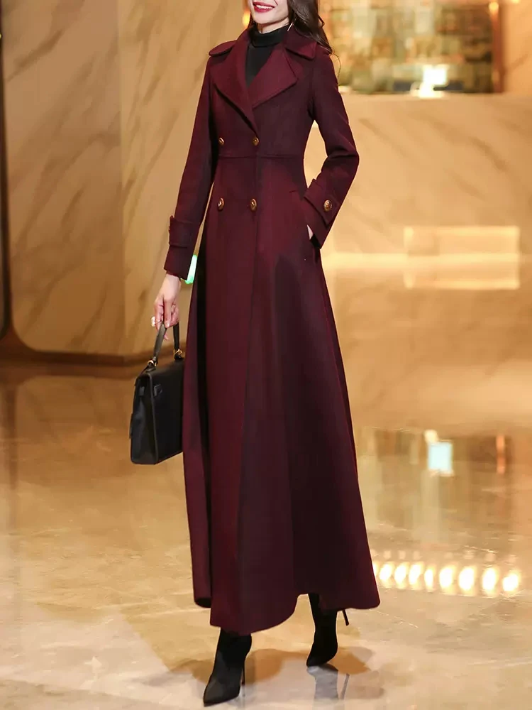 New Women Autumn Winter Wool Overcoat Elegant Fashion Turn-down Collar Double Breasted Wool Blended Coat Overlength Outerwear