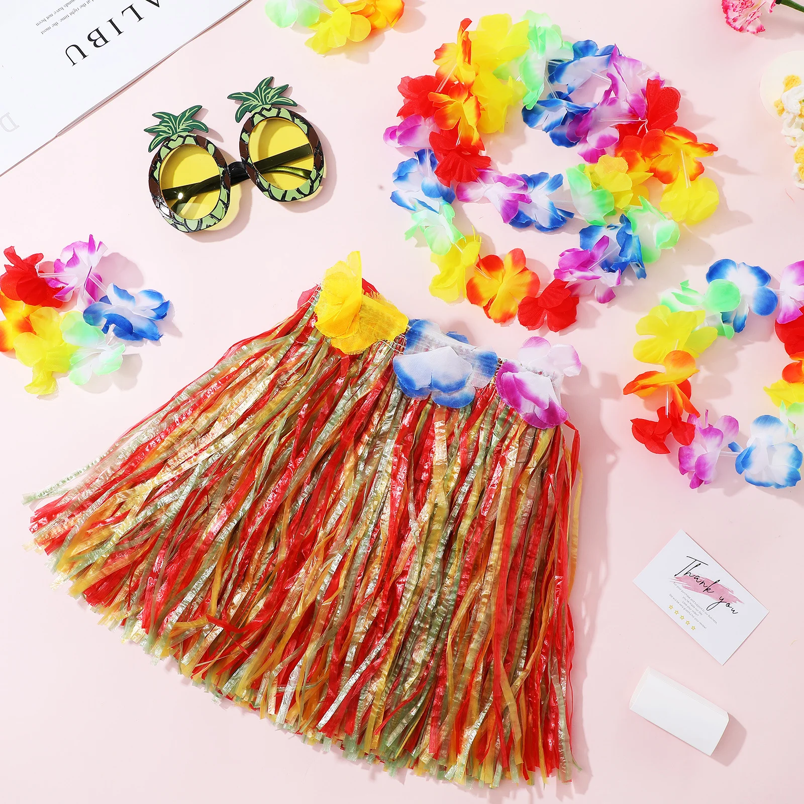 

1 set Grass Skirt Suit Hawaiian Outfit 30Double Layer Skirts Flower Garland Pineapple Glasses Plastic Party Accessories
