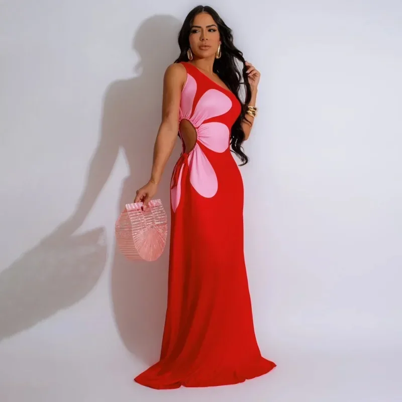 GUWU المرأة عباد الشمس المطبوعة انقطاع الخصر كتف واحد بلا أكمام فستان ماكسي نحيف مثير مساء نادي فساتين طويلة