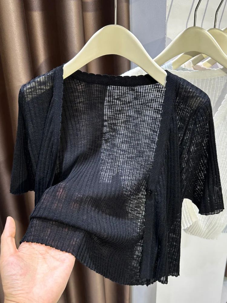 

Bla Ice Silk Knitted ort Sve Open Cardigan Women's Summer Tank Top Outerwear ort awl Thin Veil Small Jaet Top