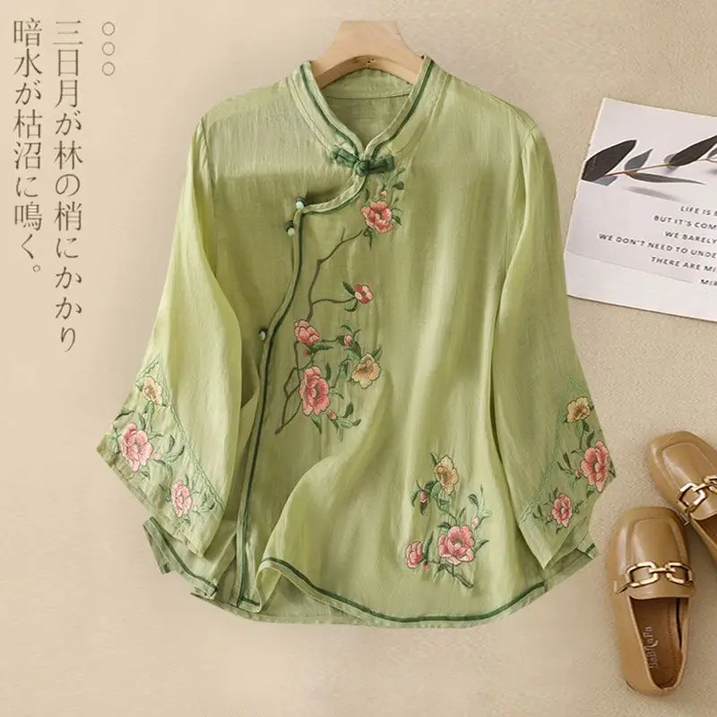 National Style Top Pure Cotton Linen Embroidered Shirt Women Ethnic Style Summer Chinese Style Oblique Placket Buttoned Shirt