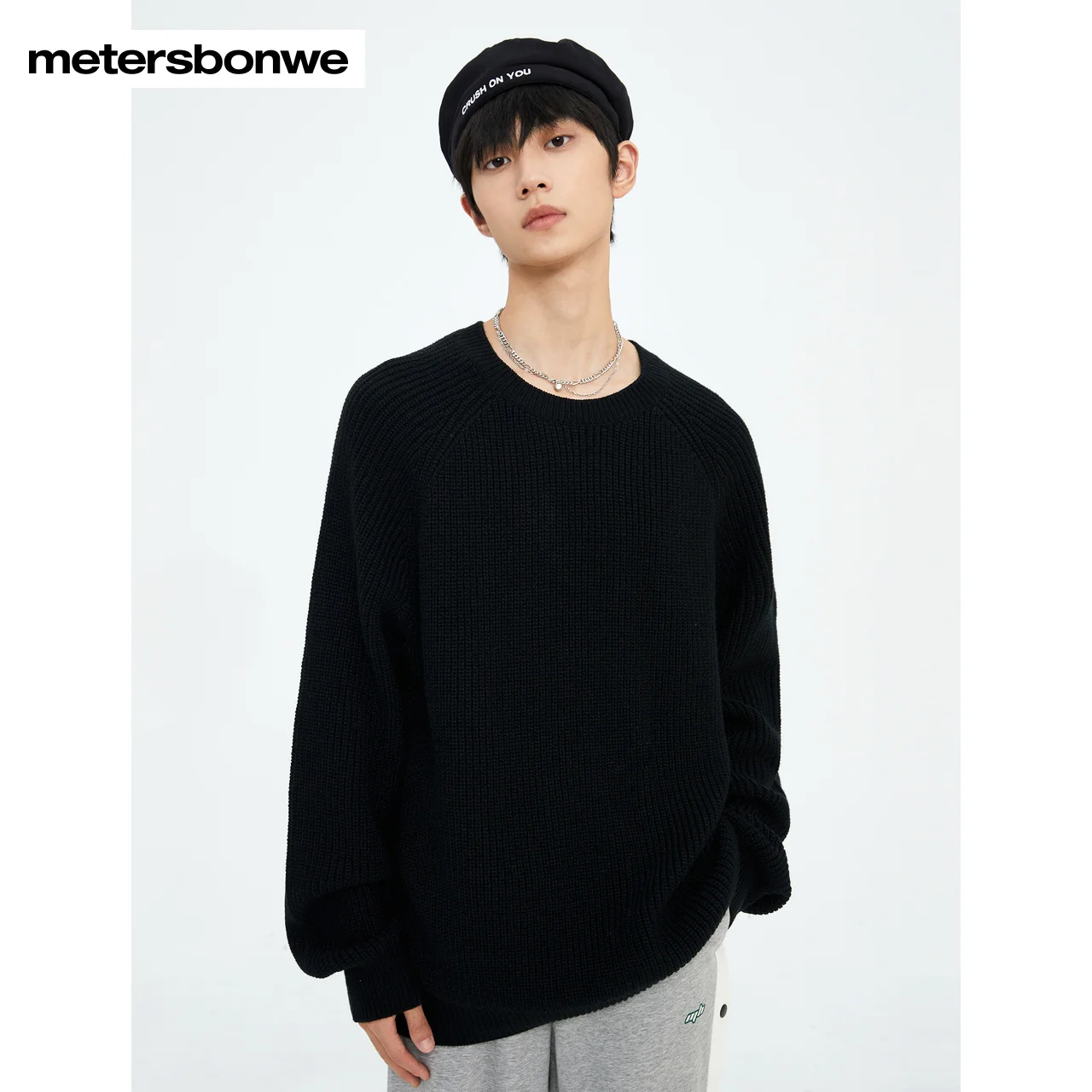 Metersbonwe-Men Crewneck Long Sleeve Jumper Solid Color Loose Thick Sweater  Japanese Korean Lazy Style Casual Winter